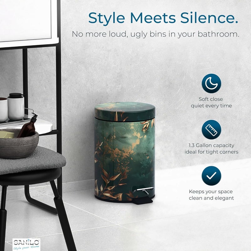 Sanilo Small Bathroom Trash Can with Lid [1.3 Gallon] - Lidded Tiny Trashcan for Garbage - Mini Metal Bin with Soft Closing Mechanism - Bath Room Accessoire Wastebin with Inner Bucket (Greego) - Image 3